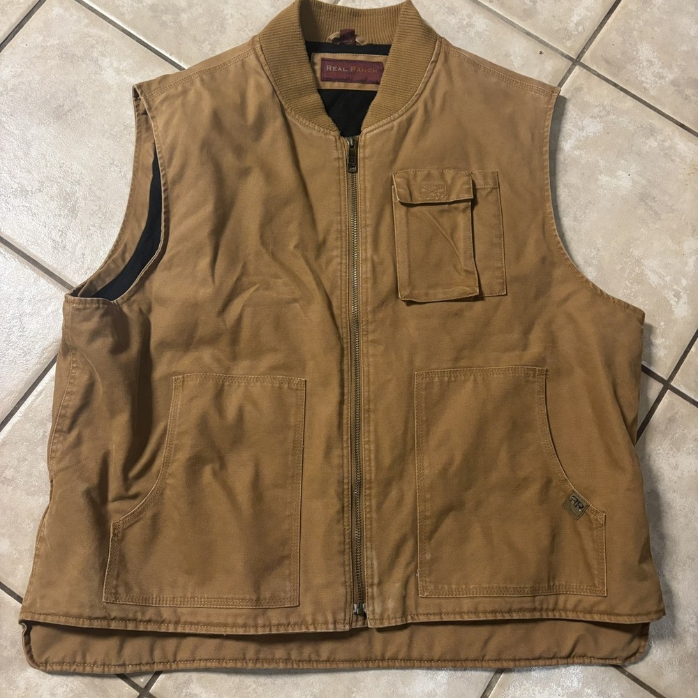 Real Ranch Men's Denim Full Zip Work Vest XXL Brown Pockets Soft‎ Black Lining